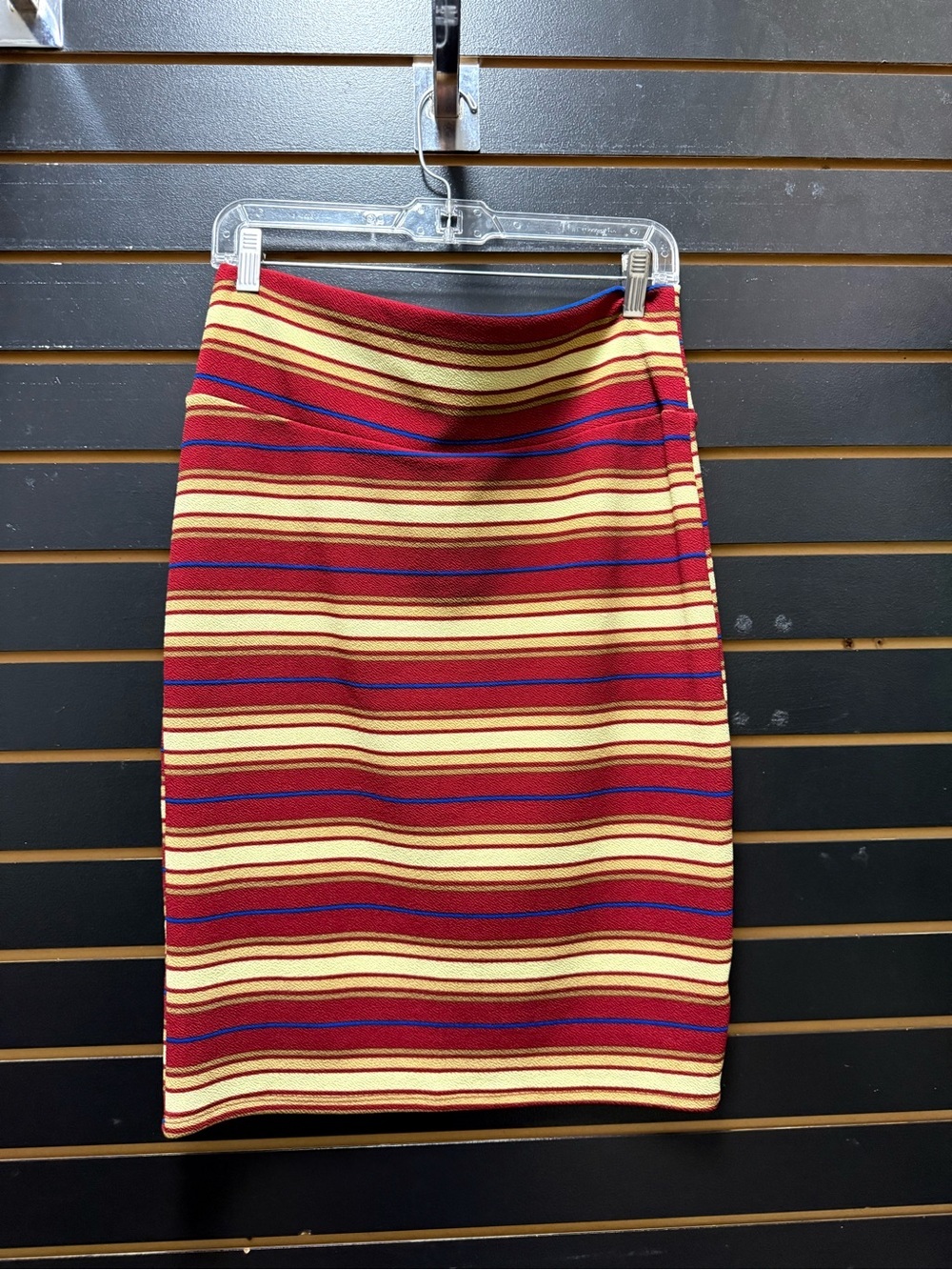 LuLaRoe Cassie Pencil Skirt Striped Red Gold Blue Size L NWOT